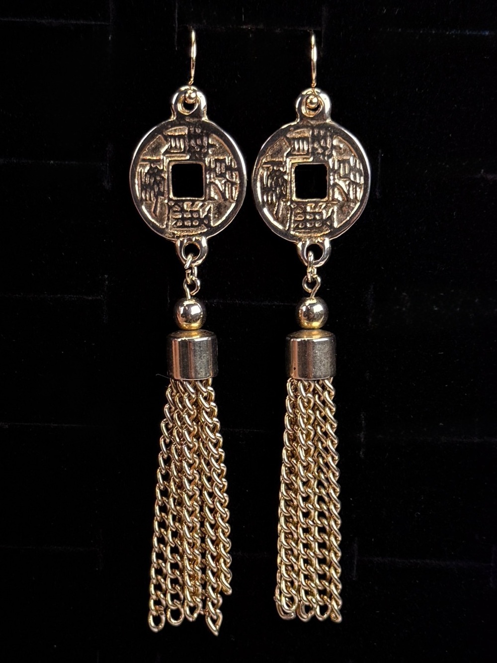 Vintage aged goldtone chain fringe, long dangle pierced earrings